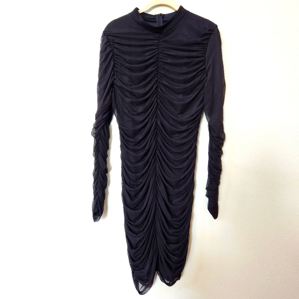 NWT Fashion Nova Paparazzi Ruched Mesh LBD Long Sleeve Mini Dress